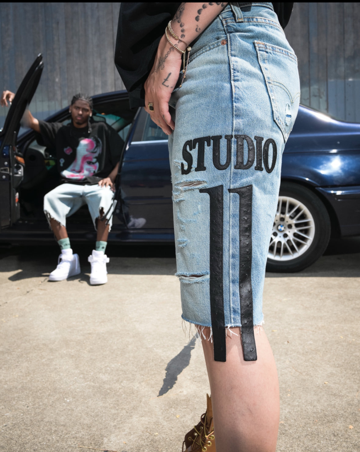 S11 Core Denim Ostrich Leather Shorts